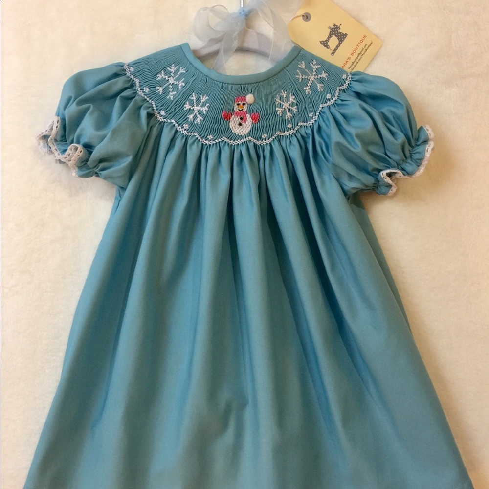 SOLD! Blue winter wonderland snowman smocked dress